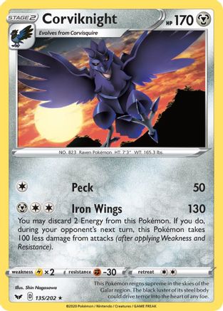 Corviknight 135 - Reverse Holofoil SWSH01 Sword & Shield Base Set - Rare
