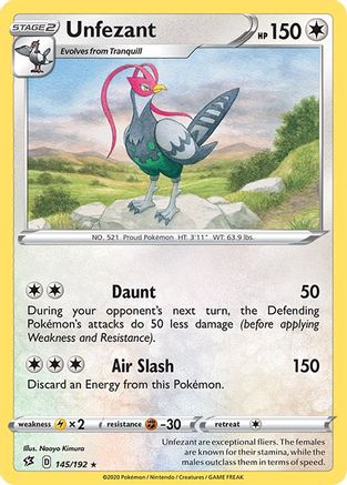 Unfezant/192 - Reverse Holofoil SWSH02 Rebel Clash - Rare