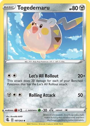 Togedemaru 187 - Reverse Holofoil SWSH08 Fusion Strike - Uncommon