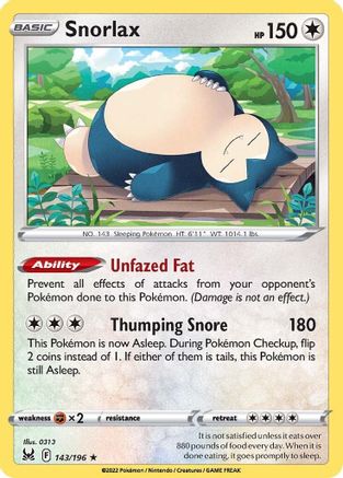 Snorlax 143 - Reverse Holofoil SWSH11 Lost Origin - Holo Rare