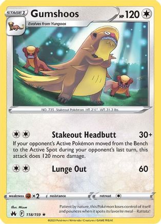 Gumshoos 118 - Reverse Holofoil SWSH Crown Zenith - Rare