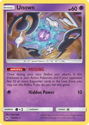 Unown (92) (92) 092/214  - Reverse Holofoil SM  Lost Thunder - Rare