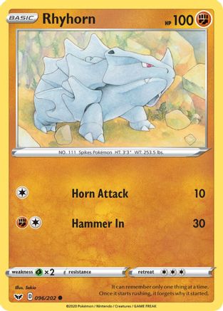 Rhyhorn (096) (096) 096  - Reverse Holofoil SWSH01 Sword & Shield Base Set - Common