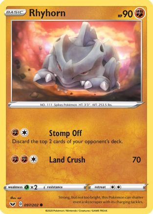 Rhyhorn (097) (097) 097  - Reverse Holofoil SWSH01 Sword & Shield Base Set - Common