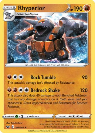 Rhyperior 099  - Reverse Holofoil SWSH01 Sword & Shield Base Set - Holo Rare