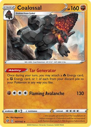 Coalossal 107  - Reverse Holofoil SWSH02 Rebel Clash - Holo Rare