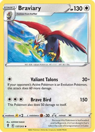 Braviary 137  - Reverse Holofoil SWSH07 Evolving Skies - Uncommon