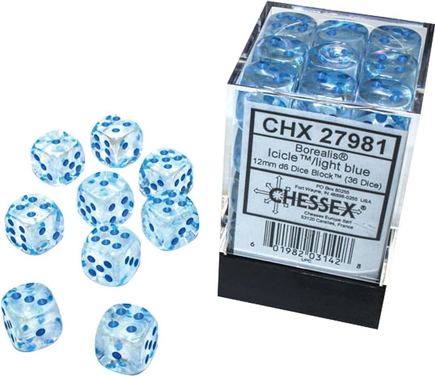 Chessex: Borealis 36d6 12mm Icicle / Light Blue