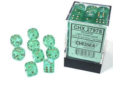 Chessex: Borealis 36d6 12mm Light Green/gold