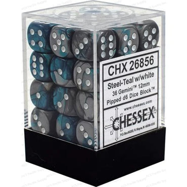 Chessex: Gemini 36d6 12mm Steel-Teal/White