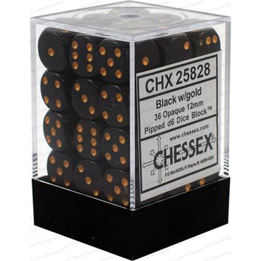 Chessex: Opaque 36d6 12mm Black/Gold