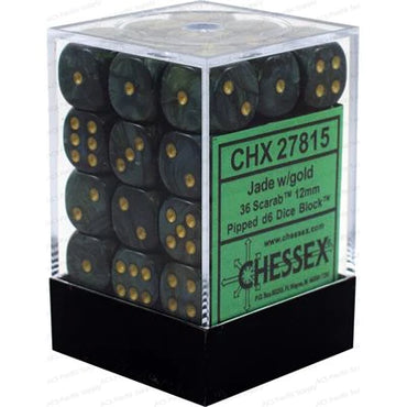 Chessex: Scarab 36d6 12mm Jade/Gold