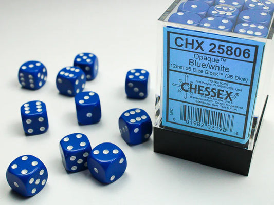 Chessex: Opaque 36d6 12mm Blue/White