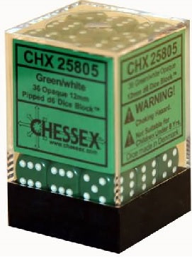 Opaque Green/white 12mm d6 Dice Block (36 dice)